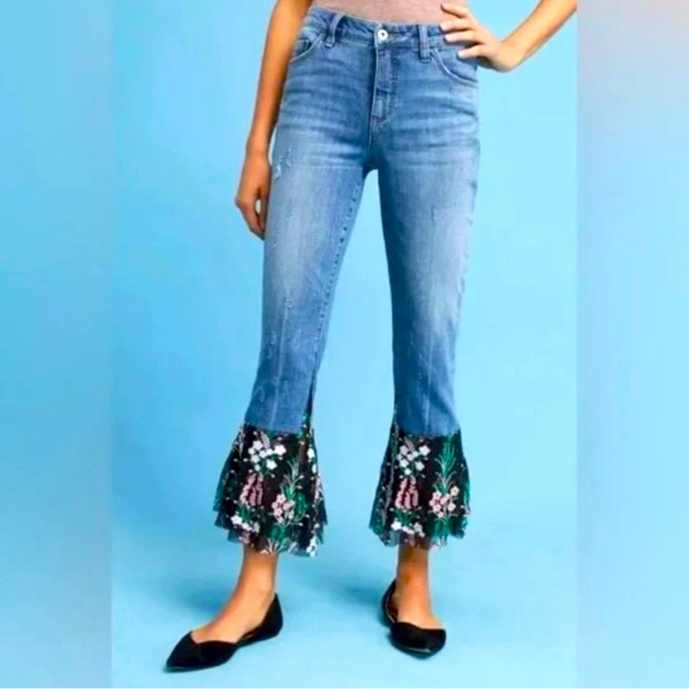 Pilcro and the letterpress crop flare tulle trim jeans sz 25